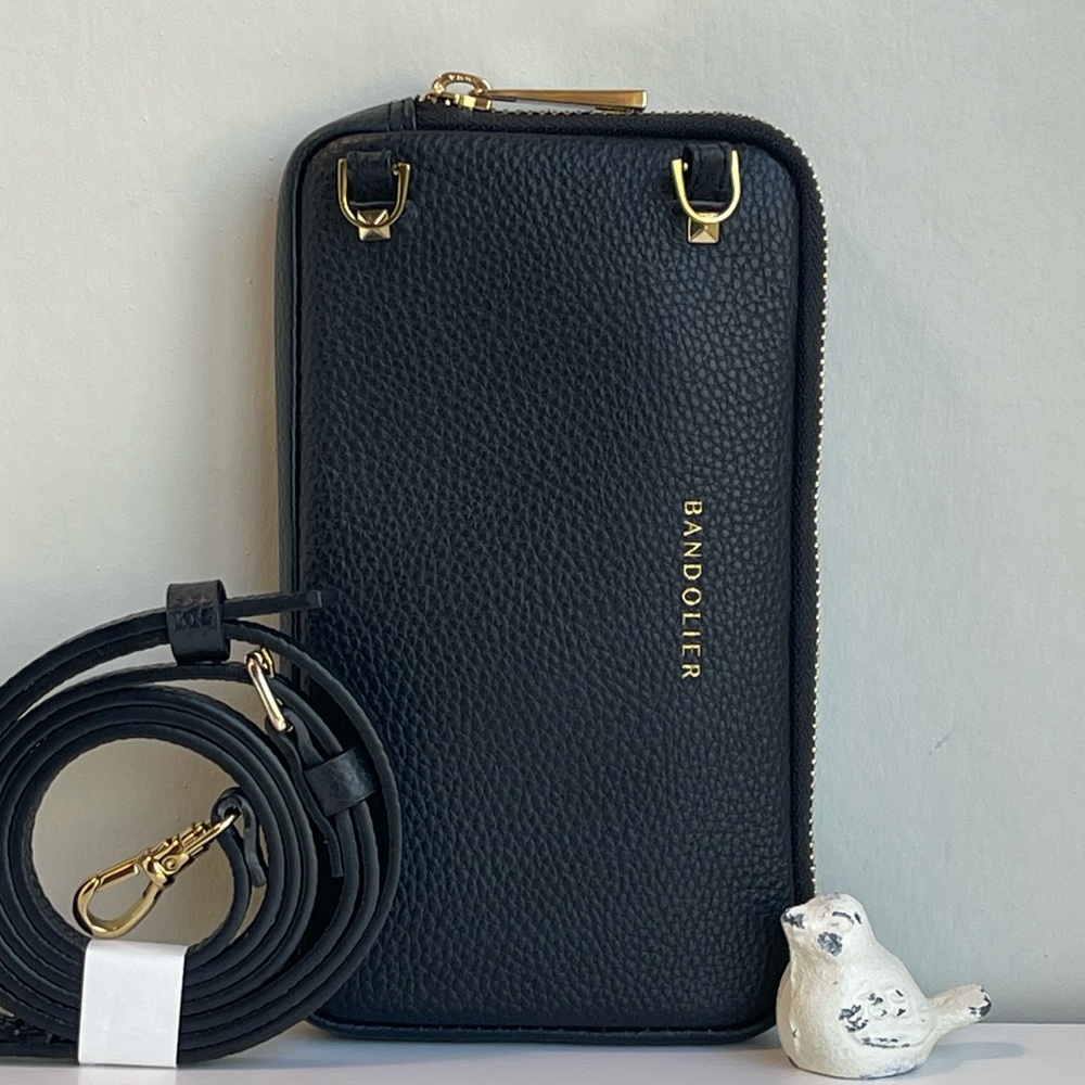 Bandolier Pebble Leather Expanded Zip Pouch in Black/Gold
